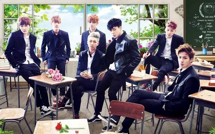 BTS photographs and a member-information wallpaper listing names, birth dates, and roles.
