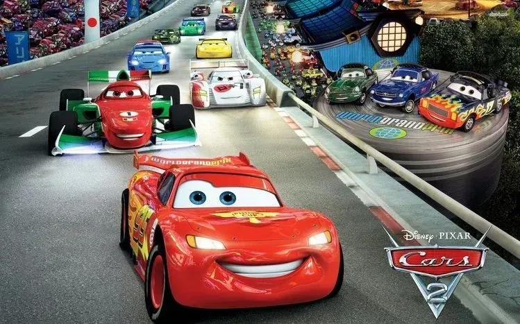 Lightning McQueen leading other Cars characters toward the viewer in vivid colors.