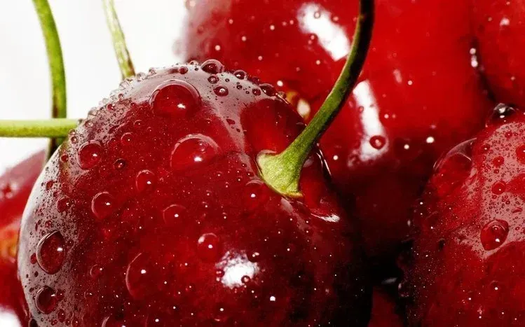 Cherries presented in different baskets and plates.