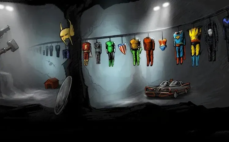 Comic-book superhero collage featuring multiple heroes together.