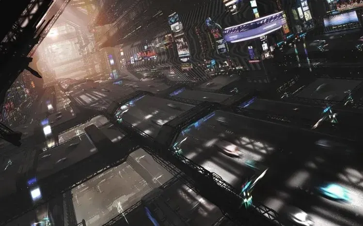 Digital cyberpunk city imagery with buildings rendered in neon hues.