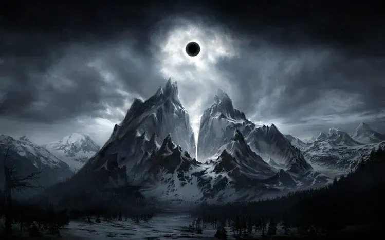 Dark imaginary landscapes with an ominous atmosphere and small figures in the scenes.