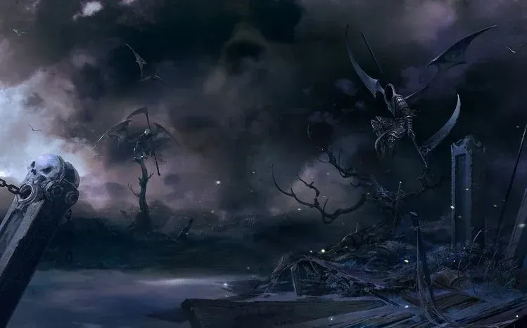 Darkness-themed imagery with graves, dark forests, and ominous figures.