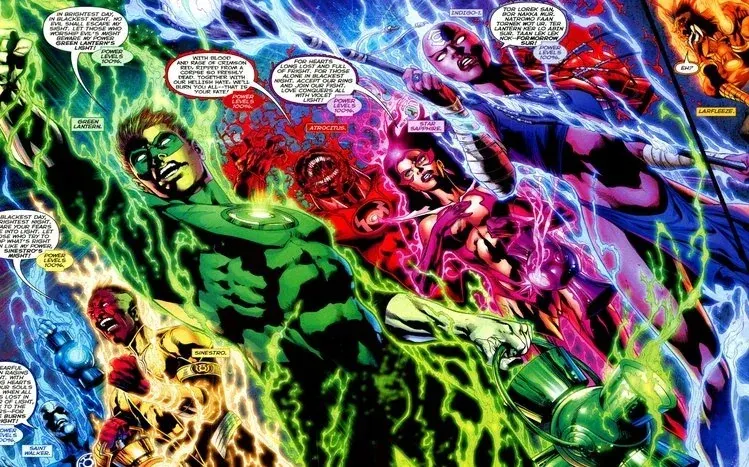 Dramatic DC superhero artwork with bright colors against white backgrounds.