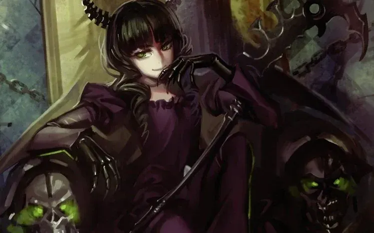 Dead Master from Black Rock Shooter, with neon eyes and black hair.