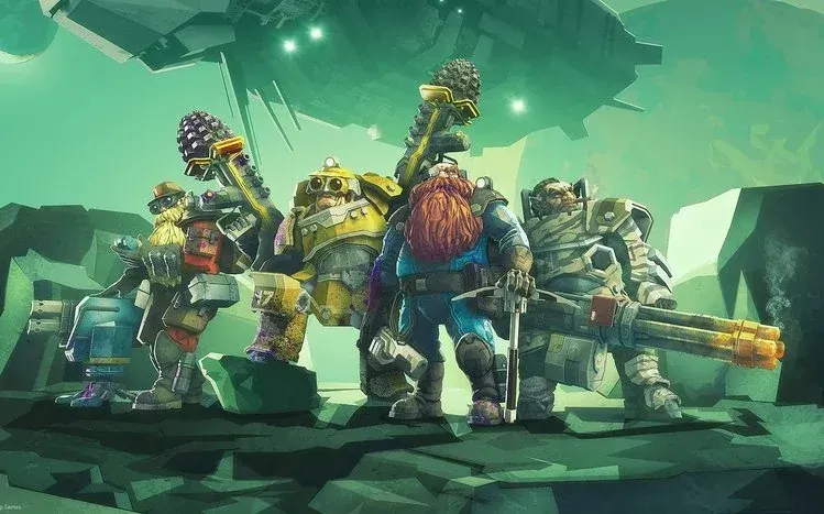 Nine Deep Rock Galactic wallpapers featuring imagery from the science-fiction game.