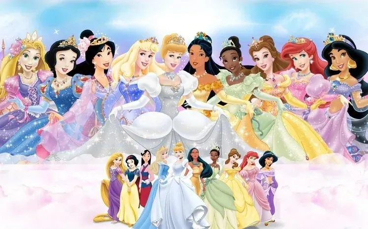 Disney princesses shown together in various dresses.