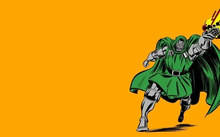 Doctor Doom with a shiny exterior against a purple background.