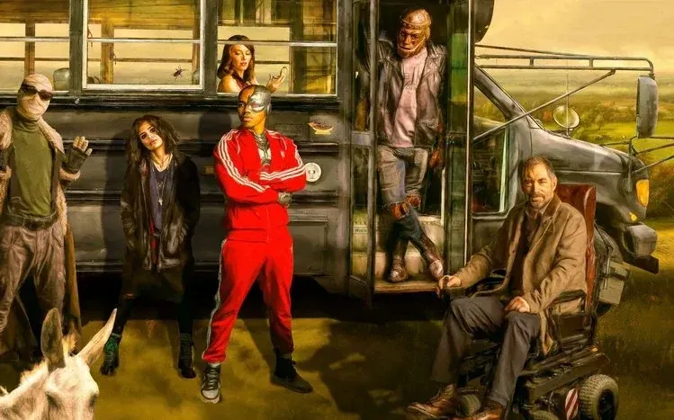 Colorful stills from the superhero television series Doom Patrol.