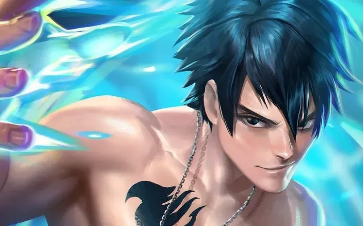 Gray Fullbuster in action and heroic poses, with spiky black hair and blue eyes.