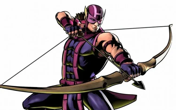 Close-up Hawkeye imagery showing the superhero aiming toward an unseen target.