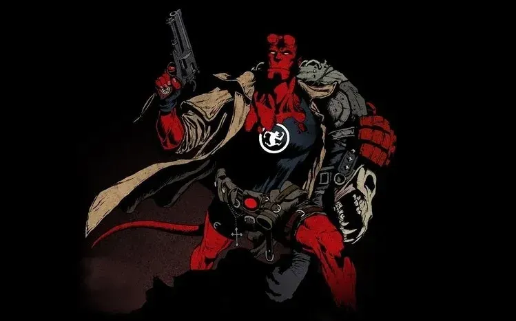 Cartoon-style Hellboy wallpaper imagery in black and red.
