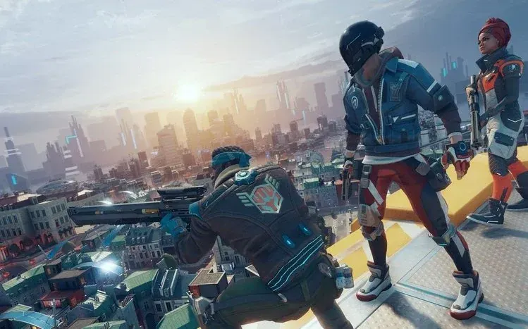 In-game Hyper Scape scenes from its futuristic urban battle royale.
