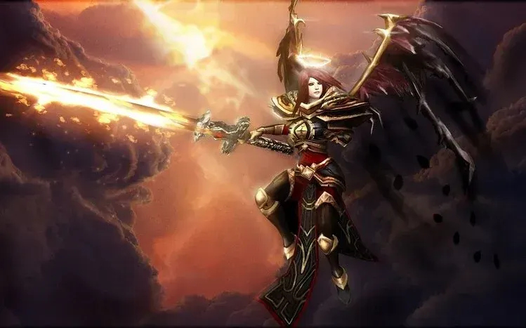 Kayle from League of Legends, with her armored and unarmored appearance highlighted.