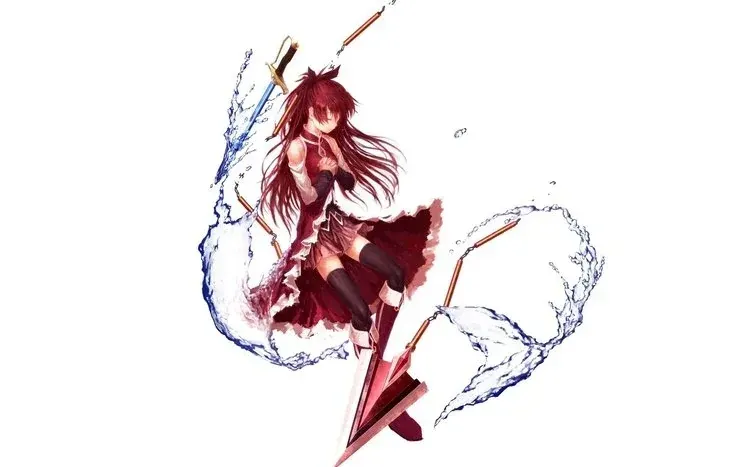 Kyoko Sakura with pale red hair in a black-ribbon ponytail, red eyes, and a spear-based weapon.