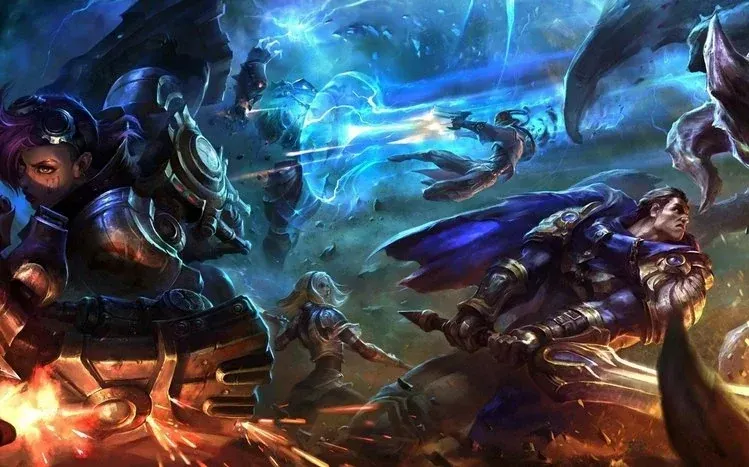 Dual-monitor League of Legends artwork featuring various Champions and skins.