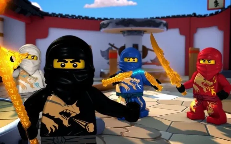 Lego Ninjago characters in costume, action scenes, movie posters and pirate ships.