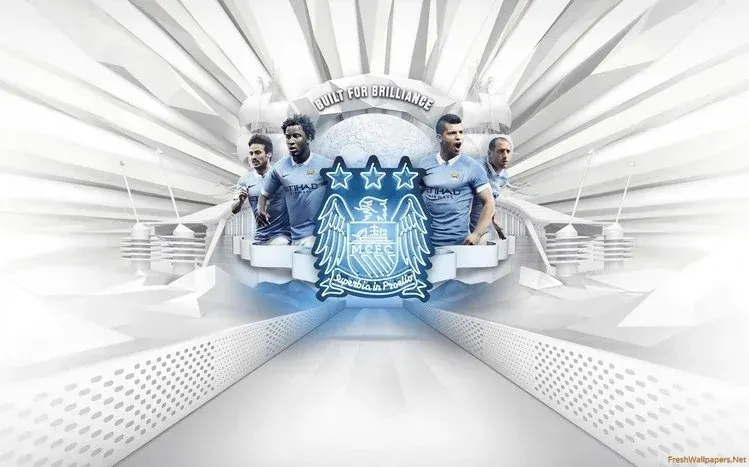 Manchester City wallpapers featuring players including Agüero, Sterling, and Kompany, plus an eagle-inspired emblem.