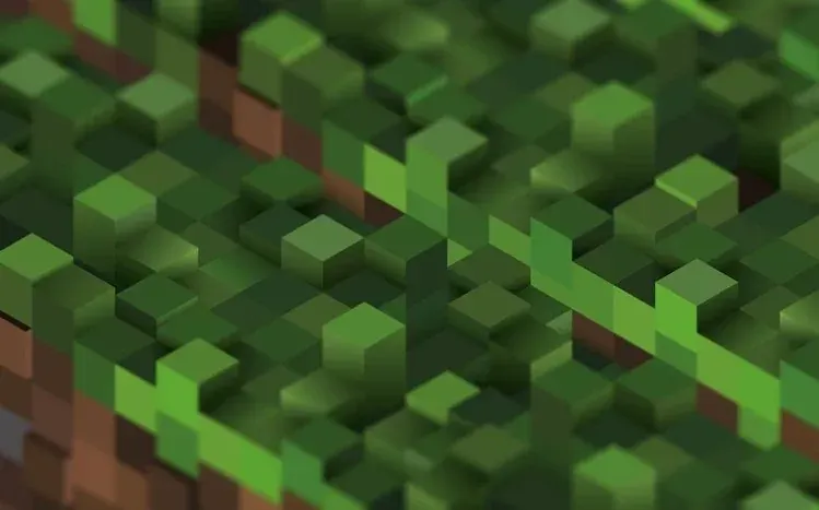 Minecraft green building blocks contrasted with a dark background.