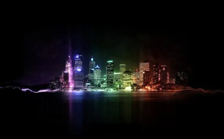 Distant nighttime city views with skyscrapers, shining lights, and urban architecture.