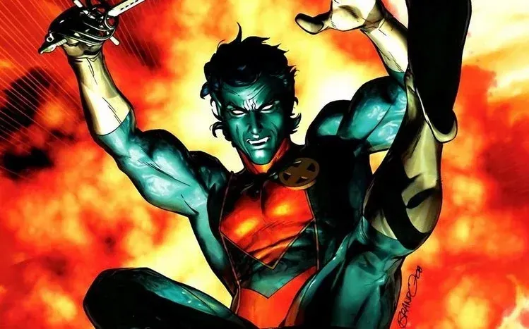 Nightcrawler raising his arms, holding a dagger in one hand against orange and white illumination.
