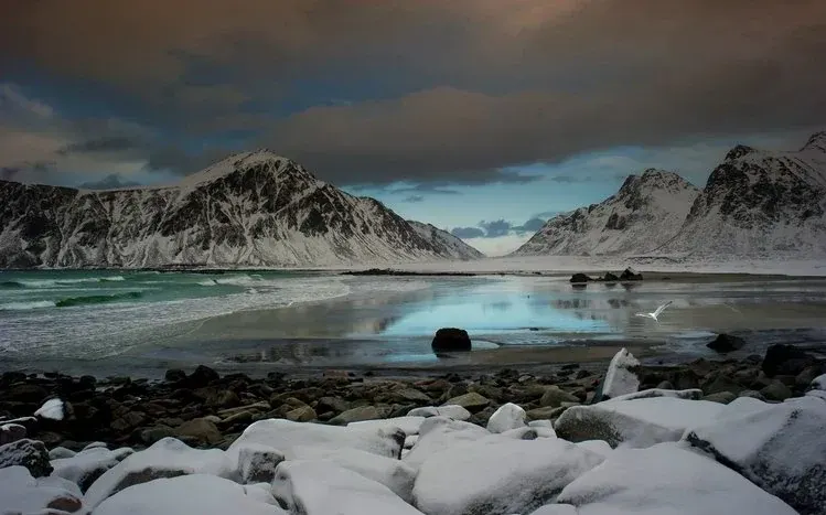 Norwegian landscapes with fjords, greenery, snowy hills, icy lakes, lakeside houses, and northern lights.