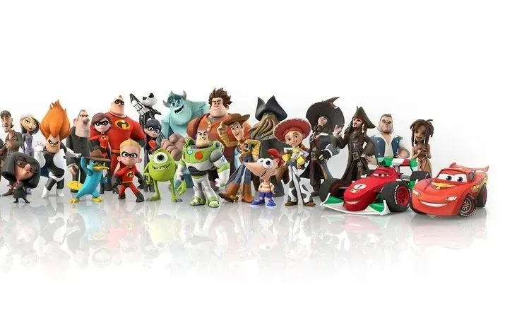 Animated-character lineup against an orange-and-white background.