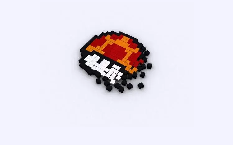 Pixelated imagery, including a rainbow rendered in a block-based style.
