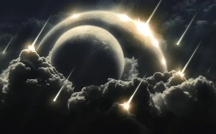 Imagined scenes of planetary collisions in space.