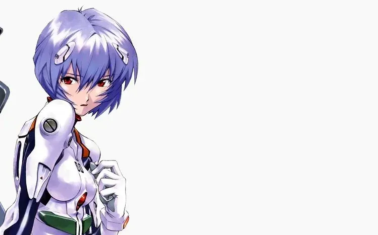 Rei Ayanami from Neon Genesis Evangelion, with blue hair and red eyes.