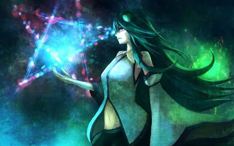 Sanae Kochiya with green hair, yellow eyes, and a white-and-blue dress.