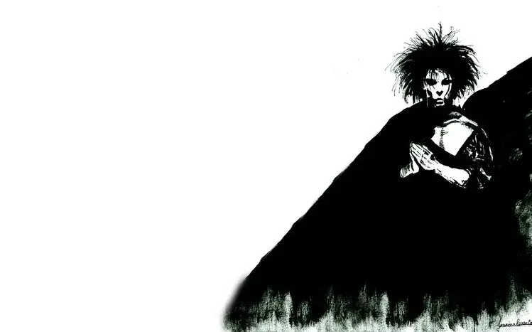 Black-and-white Sandman wallpaper imagery with a character positioned at the side.