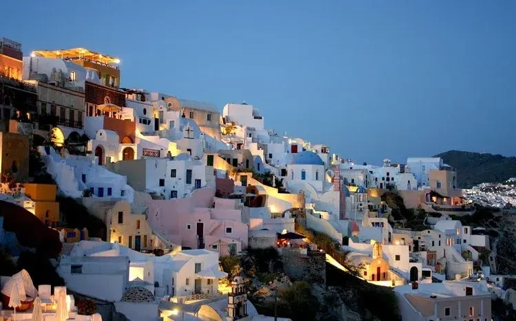 Santorini island landscapes featuring uneven terrain.