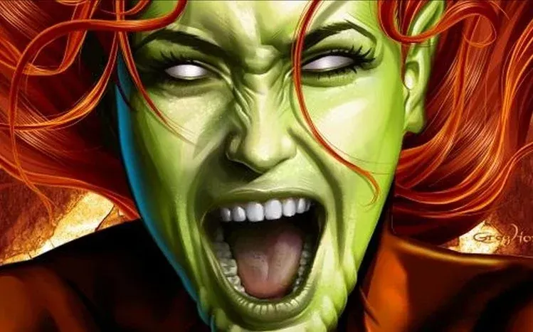 Comic-style She-Hulk with green skin, a muscular build, and long black hair.