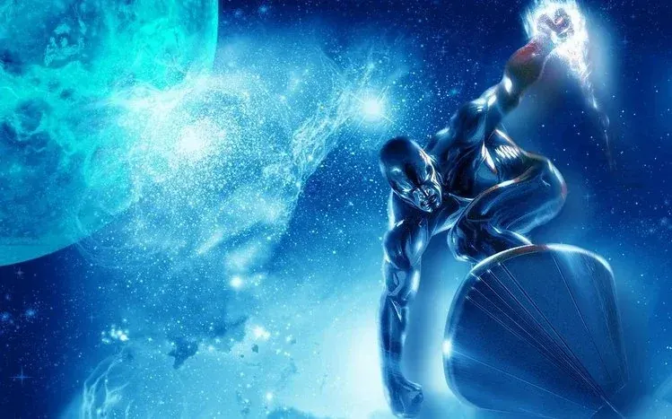 Silver Surfer imagery with red light altering the appearance of his metallic skin.
