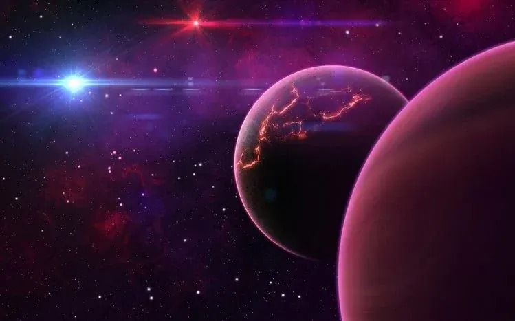 Space-themed wallpaper in black and blue with purple accents.