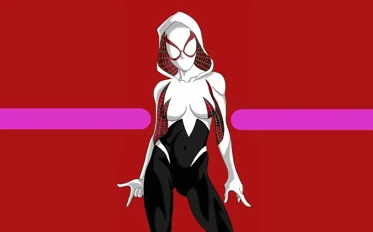 Spider-Gwen against a black background in a peeking character composition.