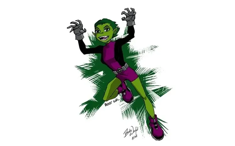 Teen Titans characters smirking and looking to one side against a red background.