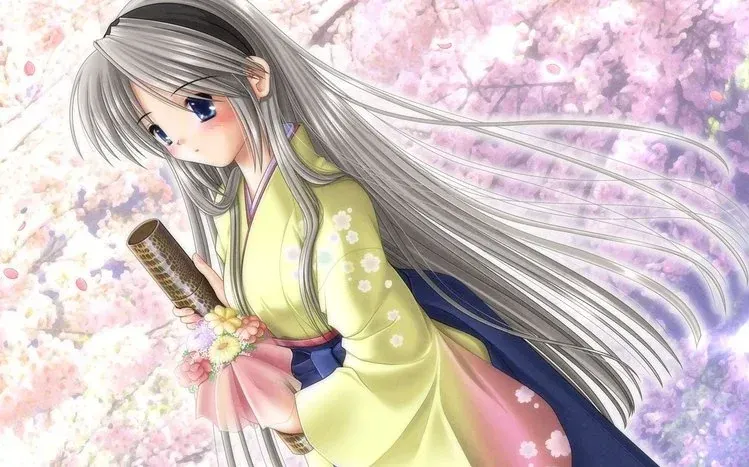 Tomoyo Sakagami from Clannad, described with long straight hair and blue eyes.