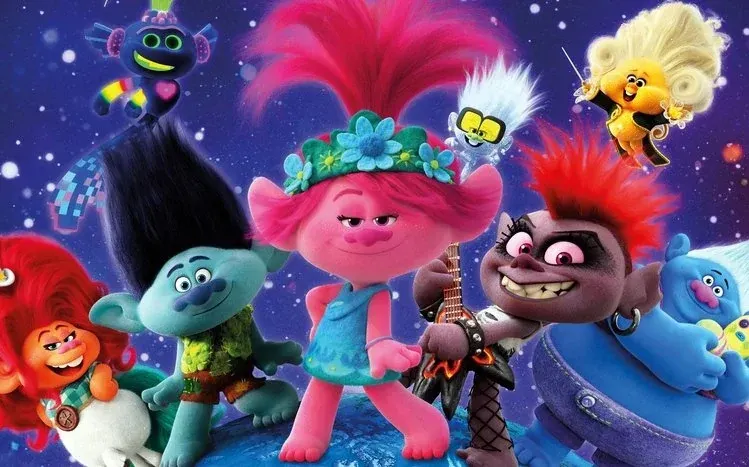 Colorful Trolls World Tour wallpapers featuring Queen Poppy and her friends.