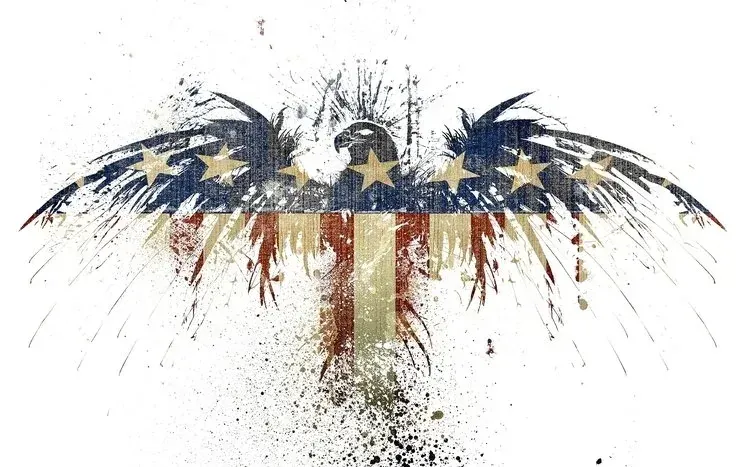 USA-themed imagery with red, white, and blue, a flag background, and a flying bird.