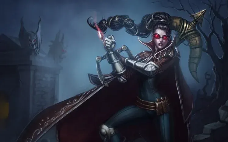 Vayne from League of Legends, a monster hunter armed with a wrist-mounted crossbow.