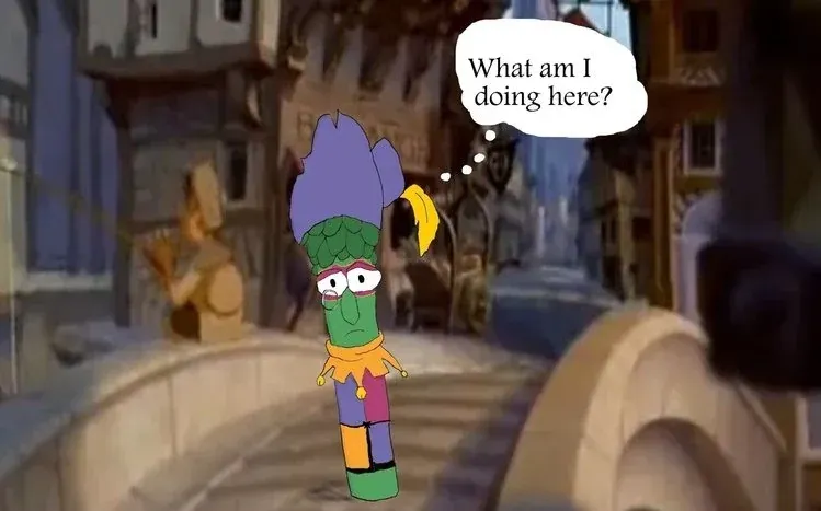 VeggieTales episode screen grabs with thought balloons and dialogue.