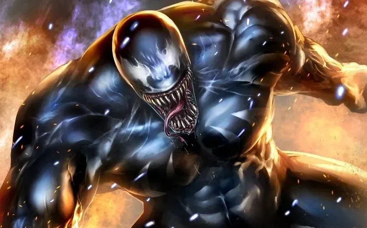 Venom imagery emphasizing his eyes, protruding tongue, and many teeth.