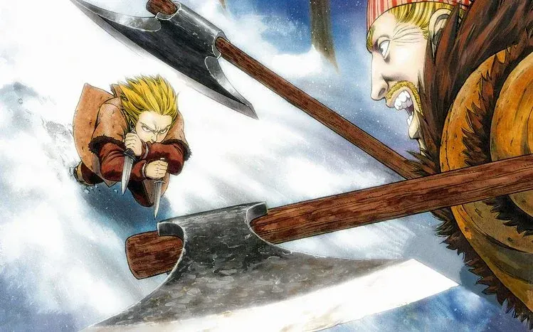 Vinland Saga imagery featuring battle scenes and Viking warriors.