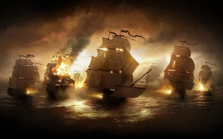 Warships in combat with cannon fire and vessels cutting through water.