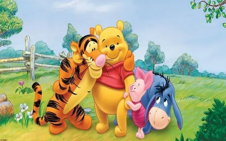 Winnie the Pooh with Tigger and Piglet near a candlelit cake and candy-colored balloons.