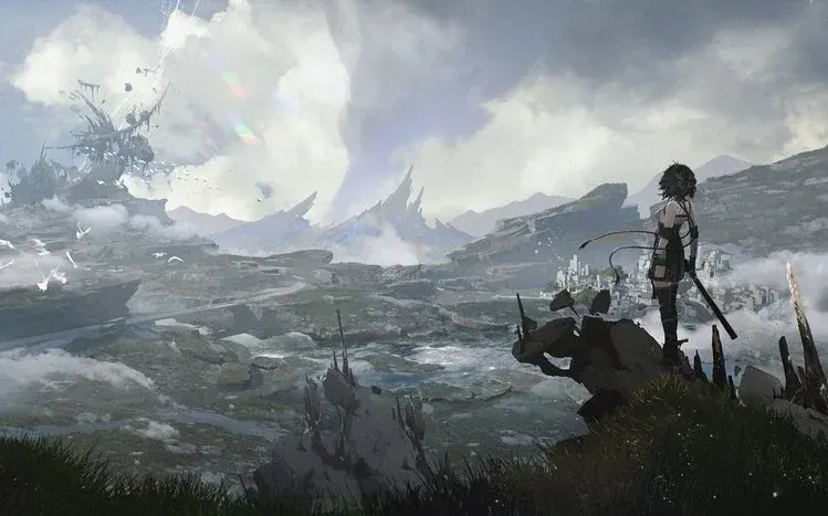 Atmospheric landscapes and dystopian adventure imagery associated with Wuthering Waves.