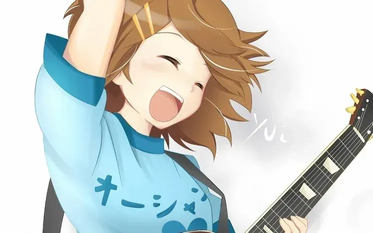 Yui Hirasawa from K-ON, described with brown eyes, shoulder-length brown hair, and yellow hairpins.