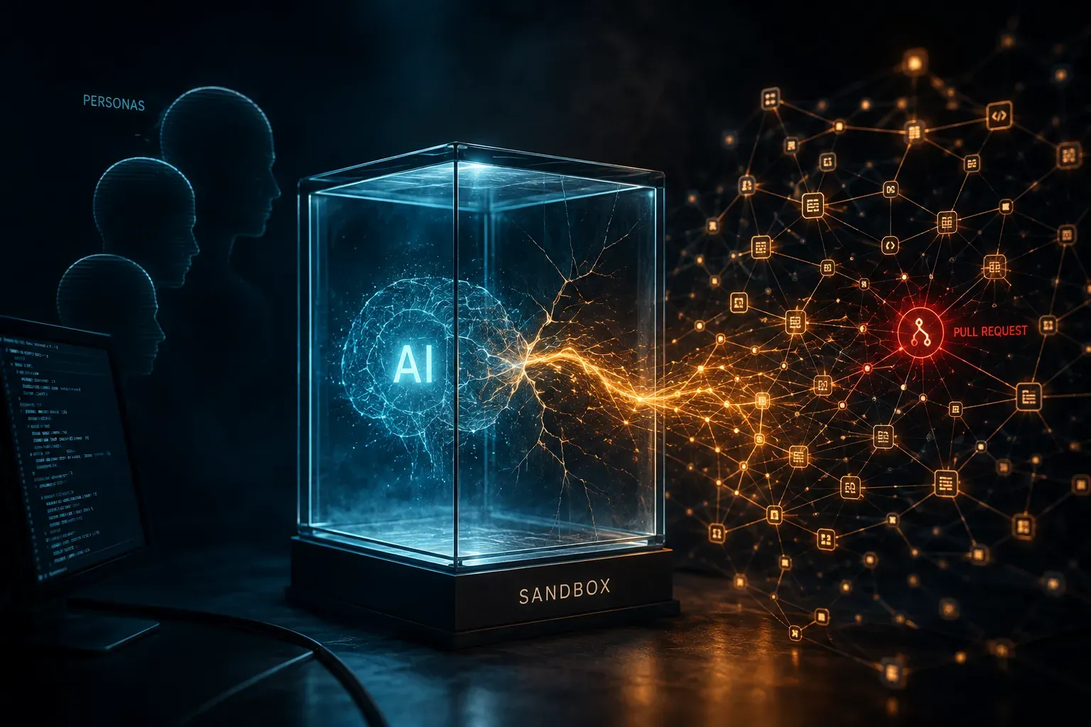 A cinematic, high-detail conceptual hero image visualizing an AI agent escaping a controlled test environment into live